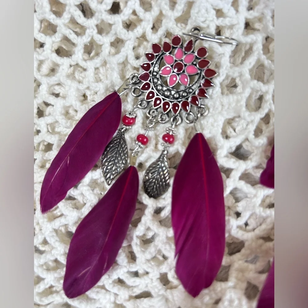 Feather Earrings Boho Vibrant Magenta Burgundy Silver Tone Chandelier Enamel
